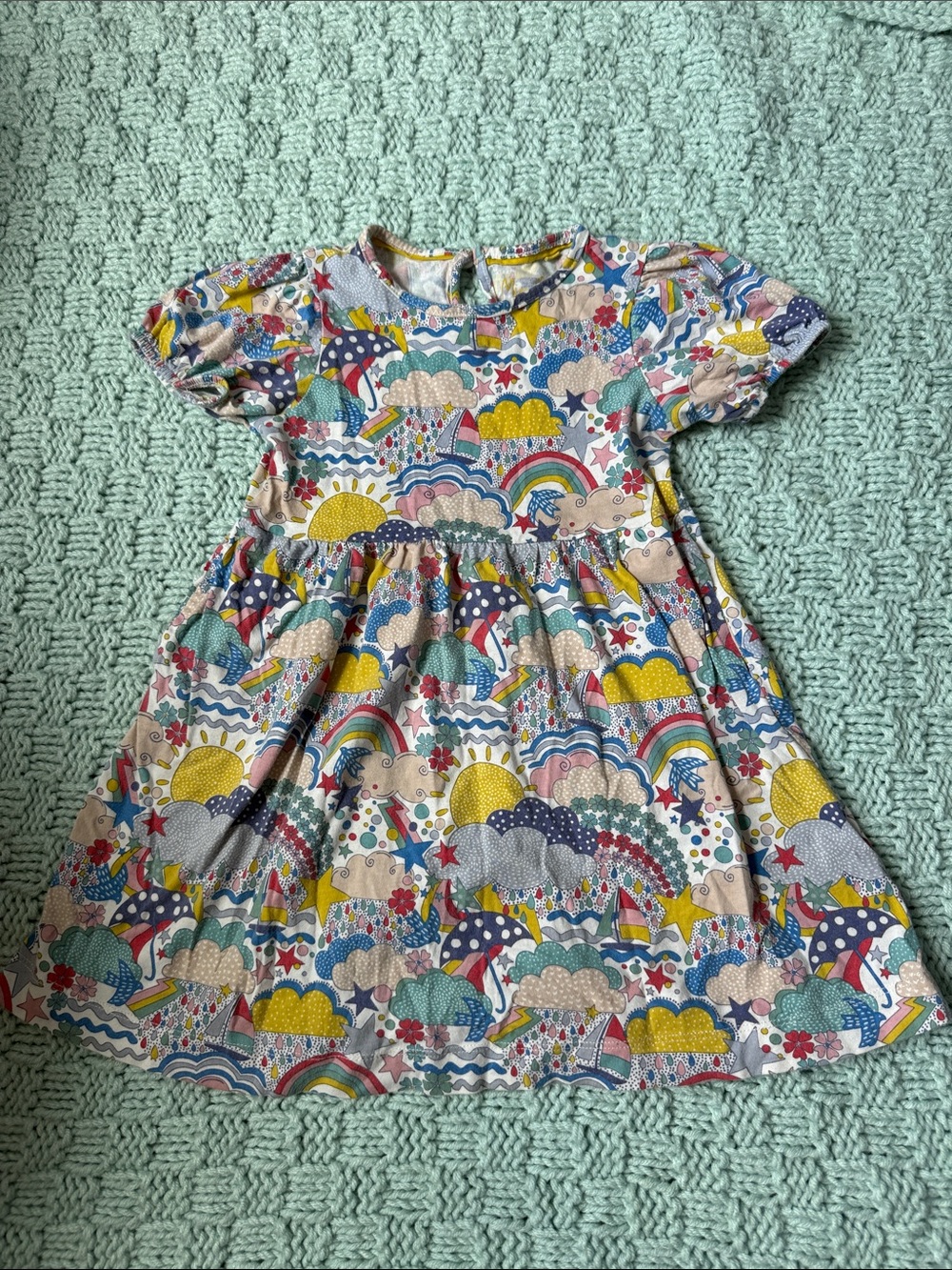 Mini Boden Rainbow & Cloud Print Dress - Yellow, Blue, Pink 3-4 years stars